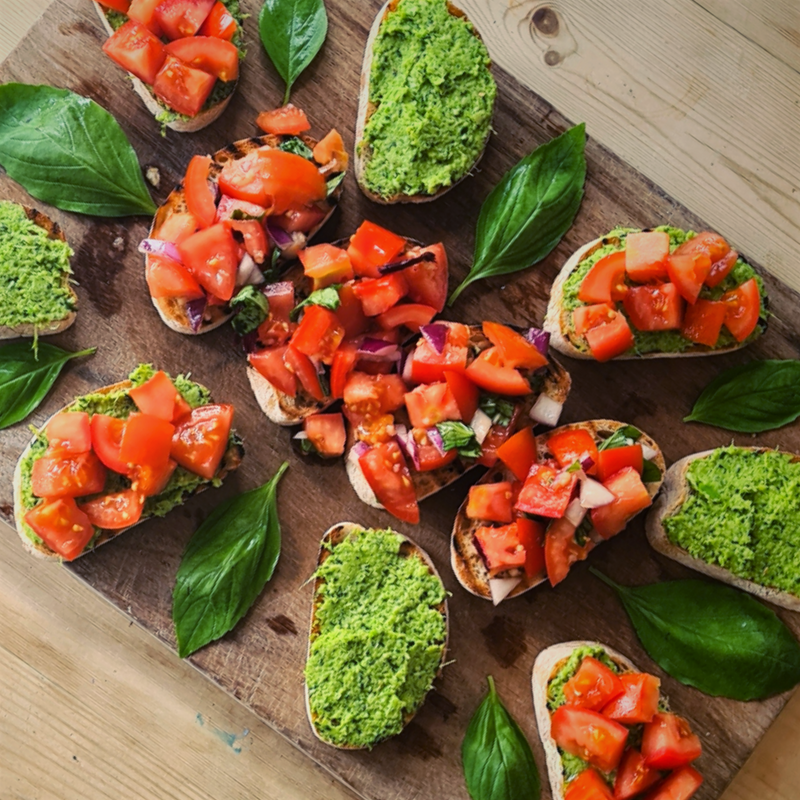 Vine Tomato Bruschetta with Italian Pea and Broad Bean Pesto Watts Farms