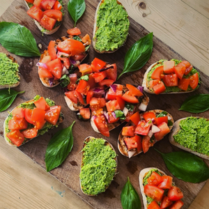 Vine Tomato Bruschetta with Italian Pea and Broad Bean Pesto