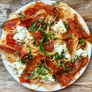 Spaghetti with UK tomatoes, crispy proscuitto and buffalo mozzarella