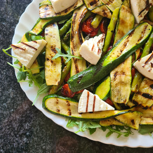 Grilled Courgette, Asparagus and Feta/Halloumi Salad