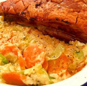 Pork belly with leek & carrot gratin