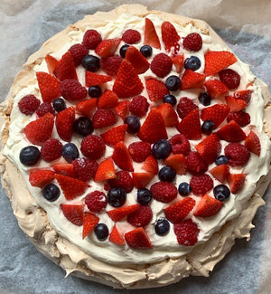 Pavlova with new season strawberries and raspberries