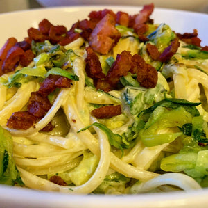 Courgette, lemon and crispy bacon spaghetti