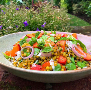 Andy Aston's Salad of Broad Beans, Giant Cous Cous, Apricots Vegan Hard Cheese