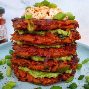 Harissa, sweet potato and spring onion fritters