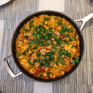 Traditional Paella with Chorizo, Chicken, and Prawns