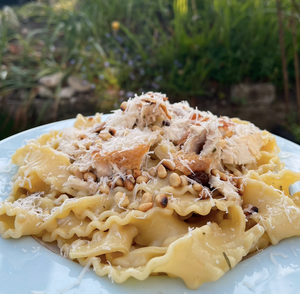 Roast chicken Tagliatelle with rosemary and pinenuts