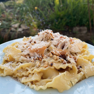 Roast chicken Tagliatelle with rosemary and pinenuts