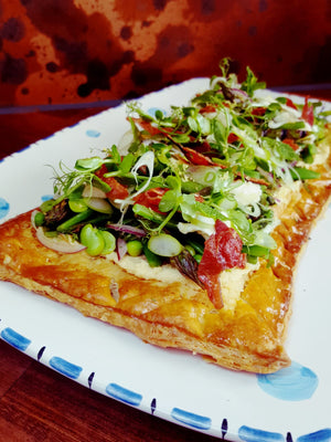 Jack O'Donovans Puff Pastry Tart with peas, broad beans, buffalo mozzarella and crispy prosciutto